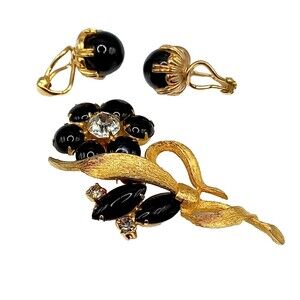 CINER black and Gold Earrings  AND FLOWER BROOCH, Vintage